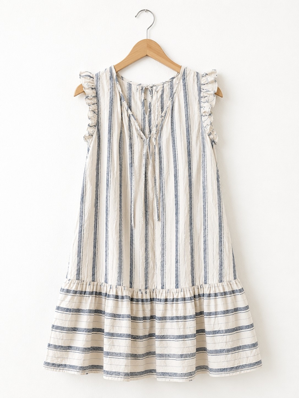 Linen Blend Coastal Stripe Ruffle Sleeve Midi Dress Blue White Cottagecore - Picture 3 of 4